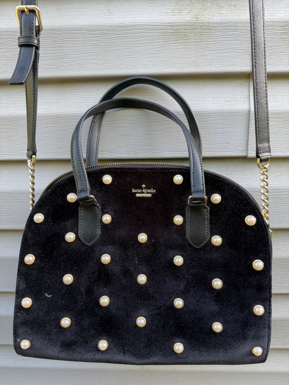 kate spade Laurel Way Black Velvet Pearl-Accent Dome Purse